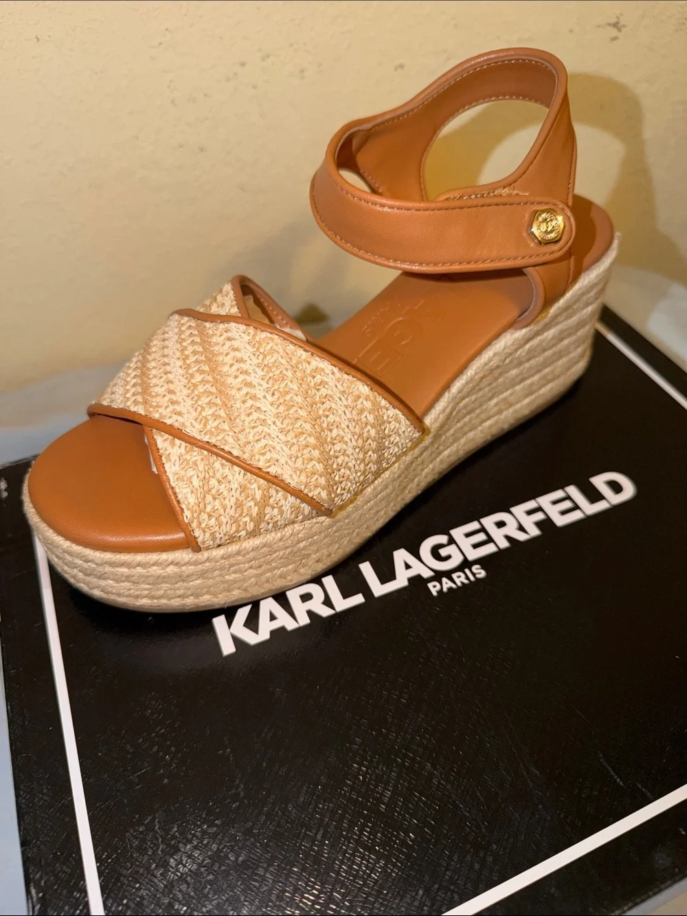 Karl Lagerfeld Tan Leather and Natural Woven Espadrille Wedge